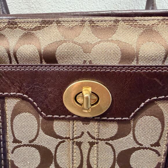 Coach Hampton Turnlock Shoulder Handbag w/Signature Brown Leather Canvas 15”x11” - Picture 9 of 16